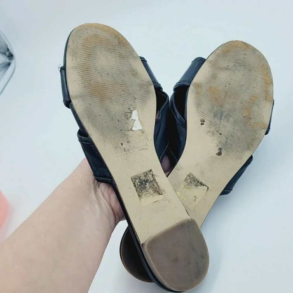 J. Crew Cora Black Leather Two Strap Slide Sandals Size 9